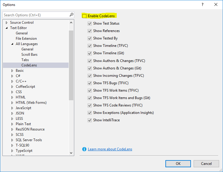 Visual Studio 2015 Performance - Disable CodeLens