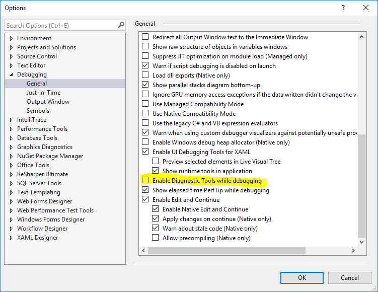 Visual Studio 2015 Performance - Disable Diagnostic Tools while debugging