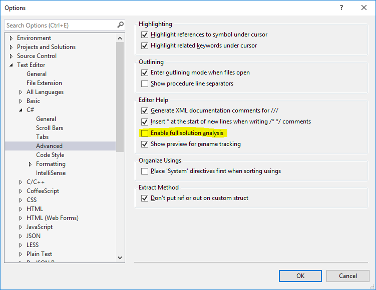 Visual Studio 2015 Performance - Disable Full Solution Analysis