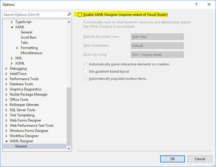 Visual Studio 2015 Performance - Disable XAML Designer